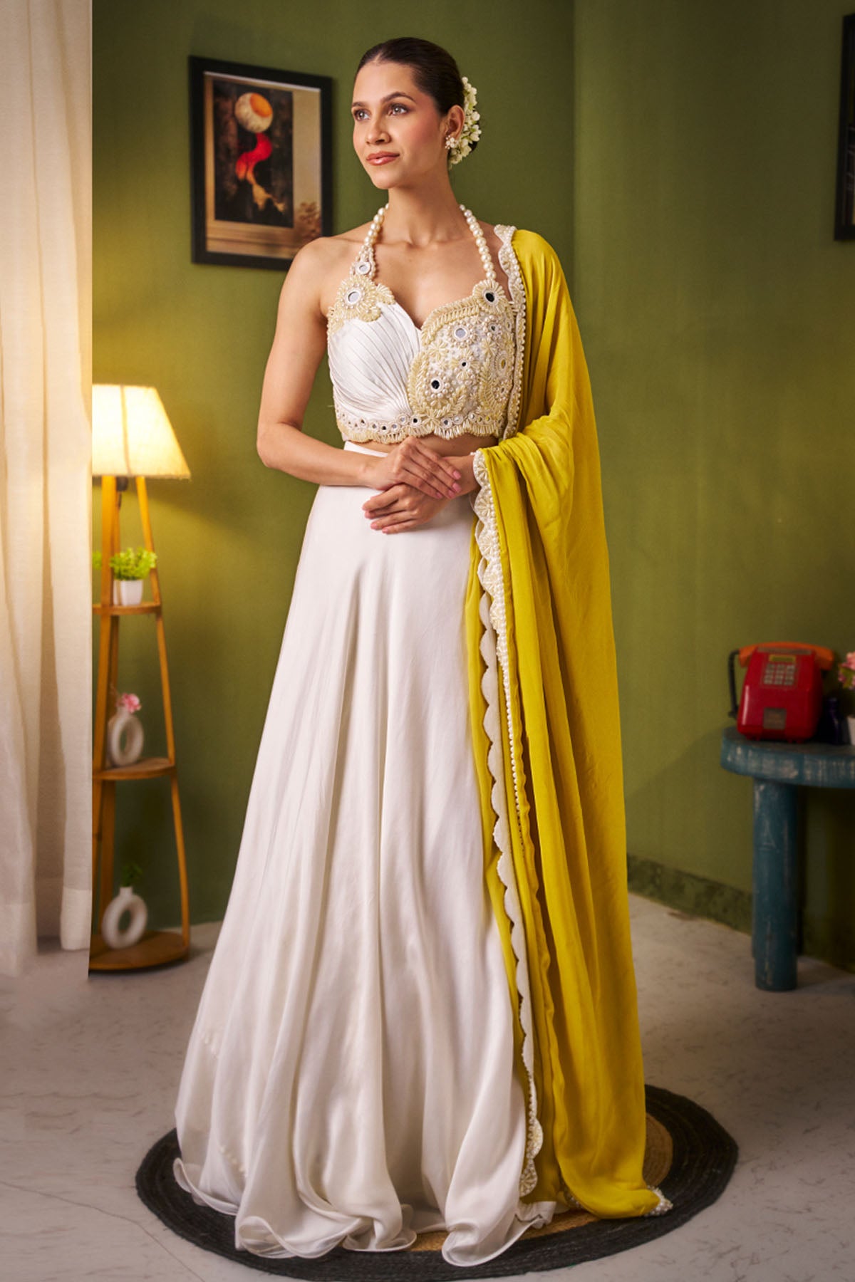 White Bamberg Satin Lehenga Set