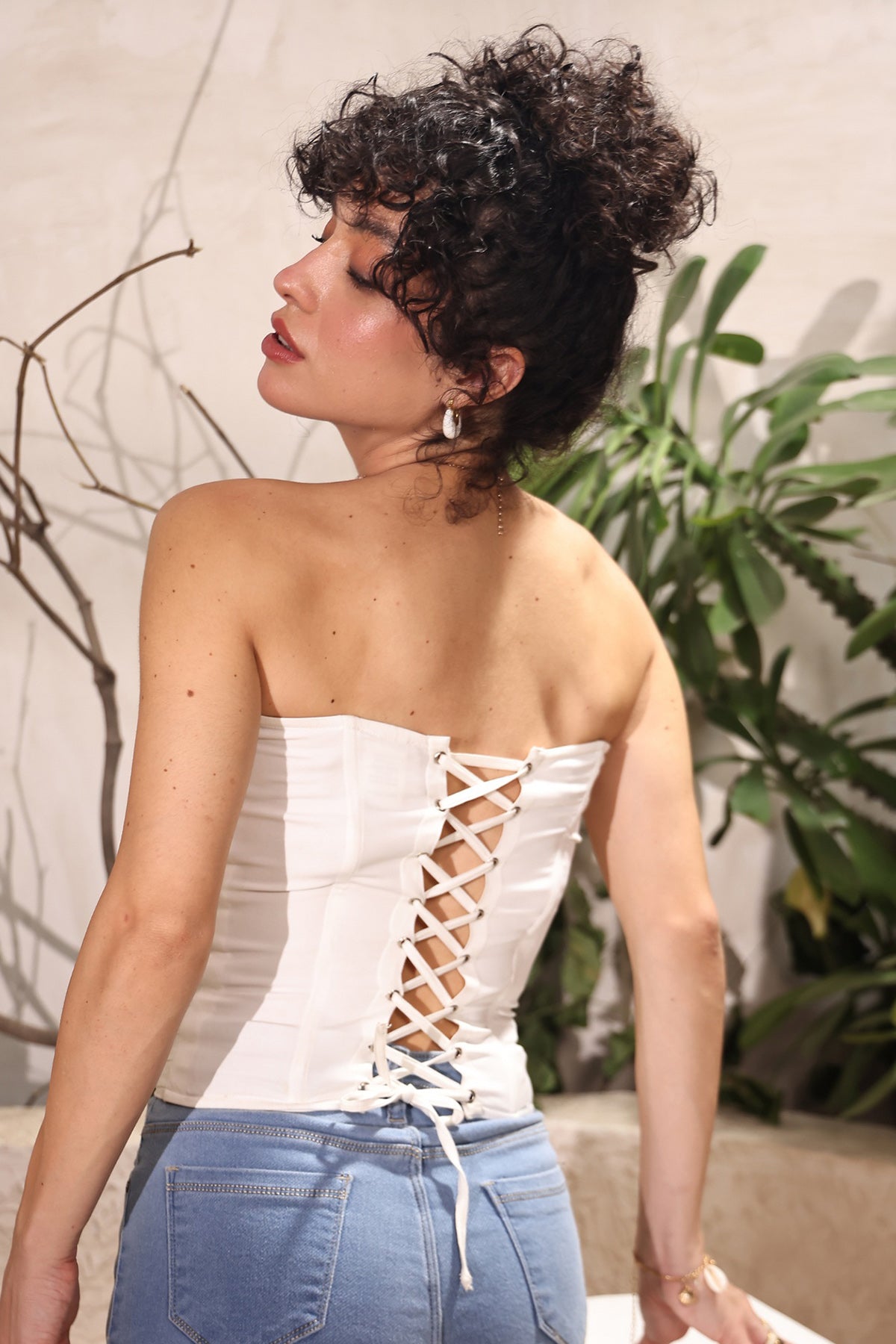 White Banana Crepe Lace-Up Top