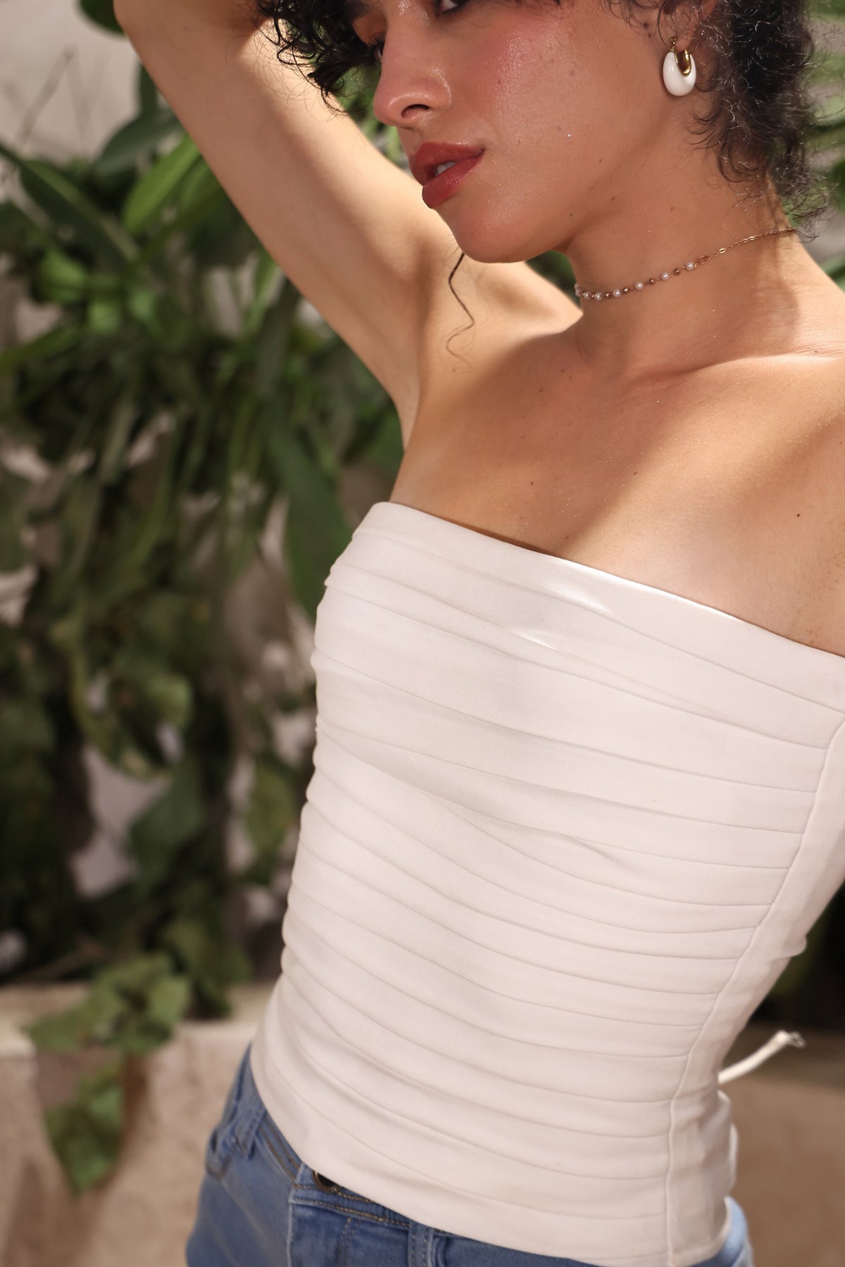 White Banana Crepe Lace-Up Top