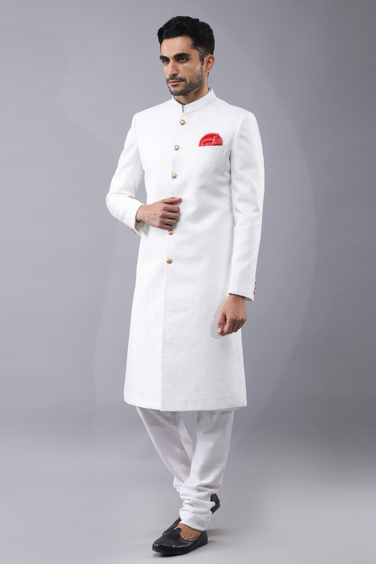 White Band Collar Sherwani Set