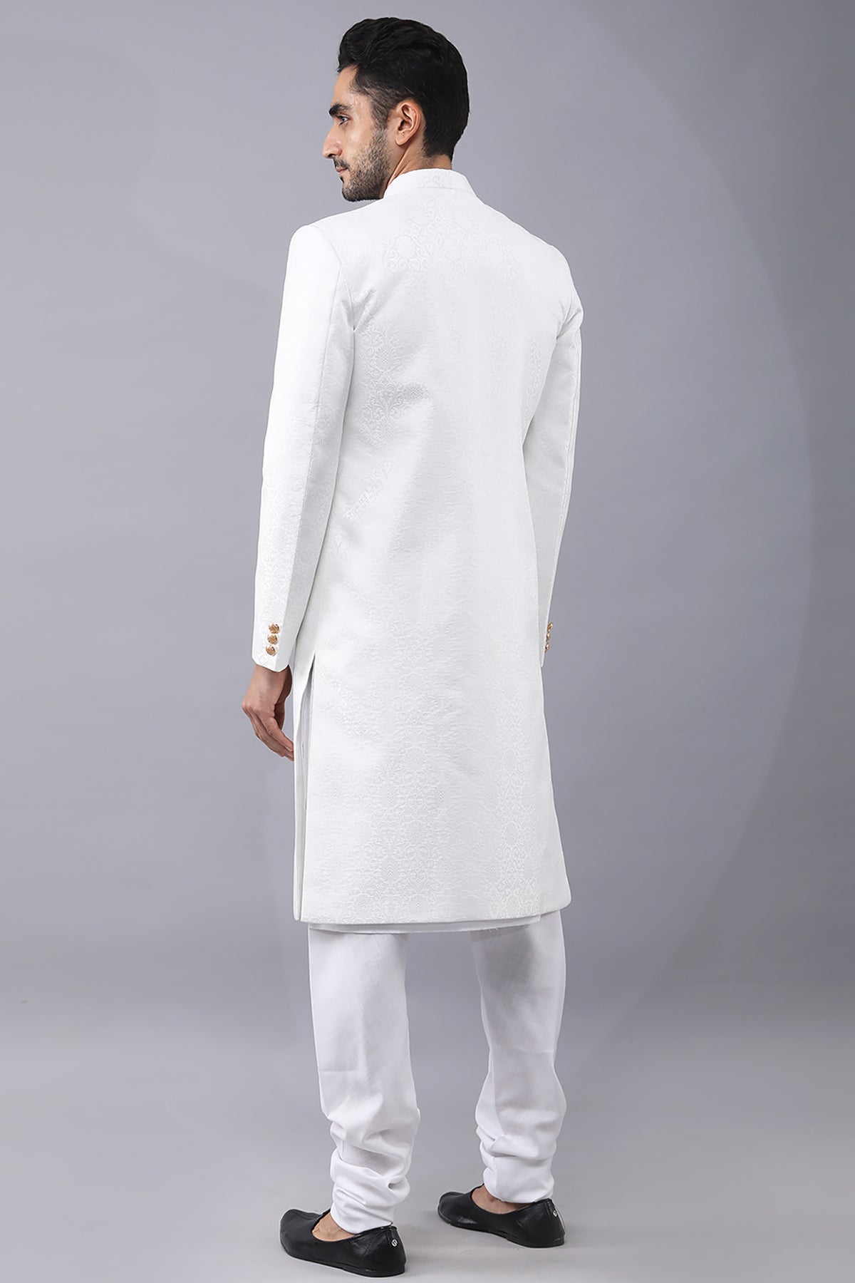 White Band Collar Sherwani Set