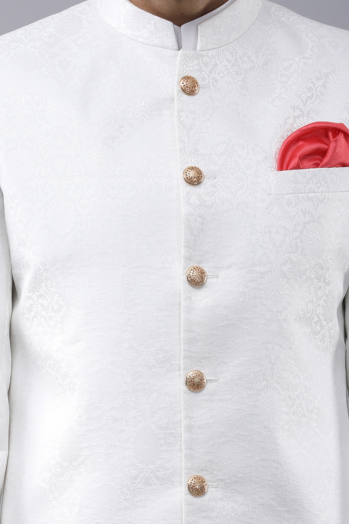 White Band Collar Sherwani Set