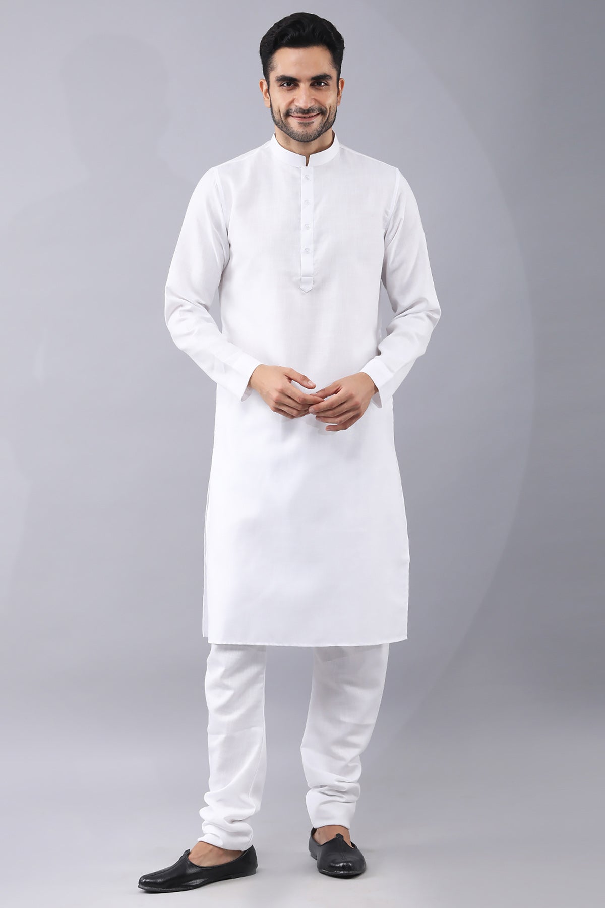 White Band Collar Sherwani Set