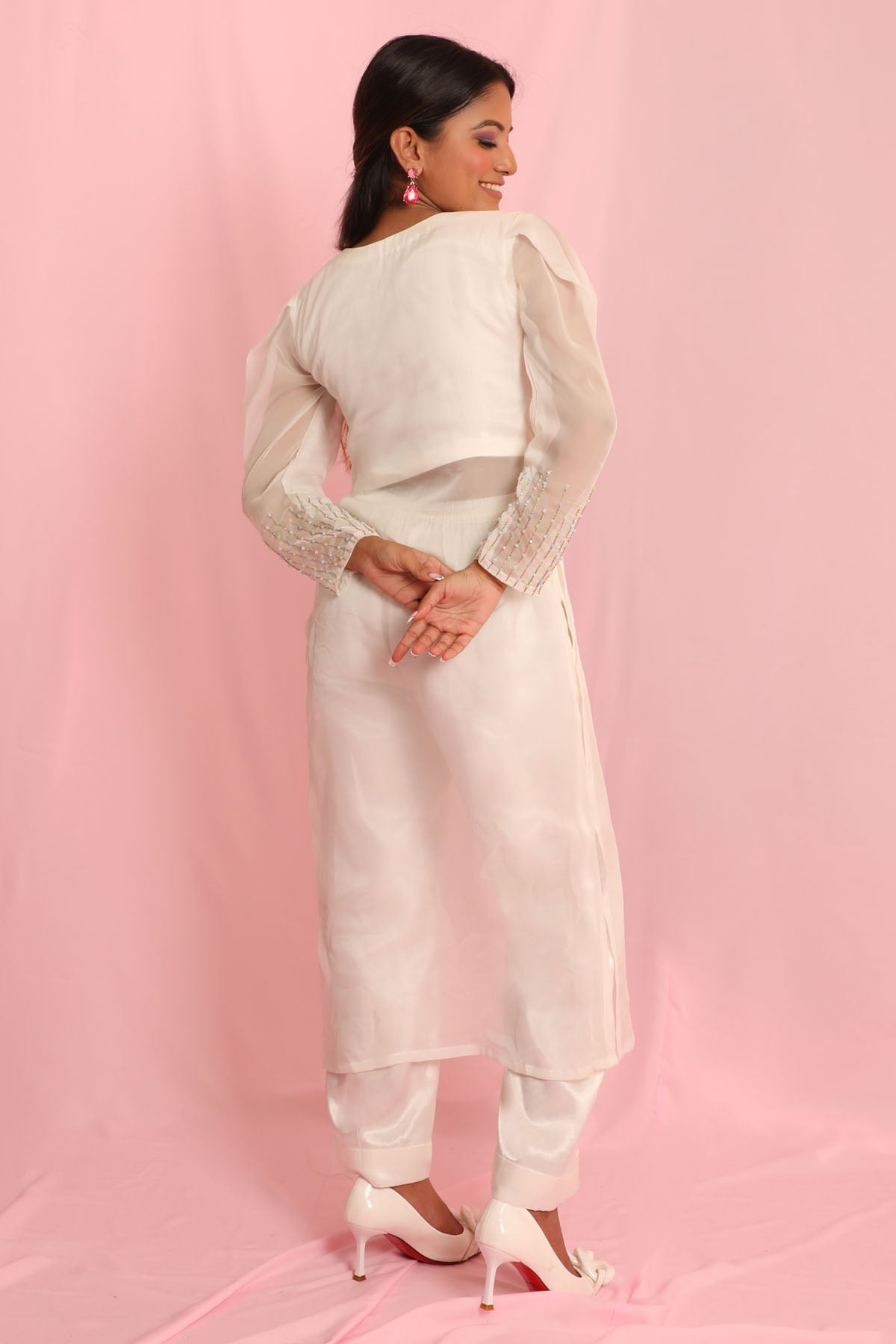 White Bead Embroidered Kurta Set