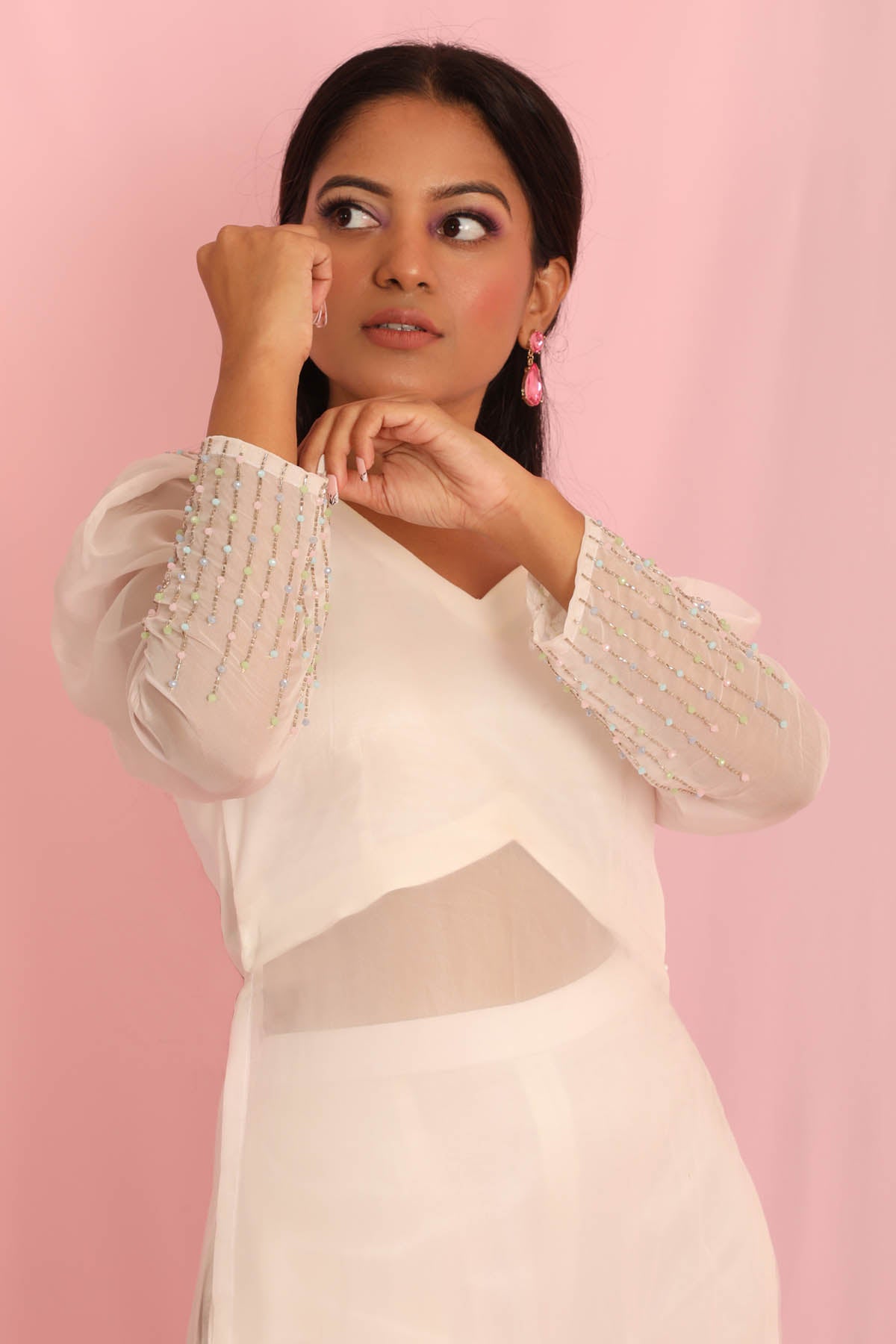 White Bead Embroidered Kurta Set