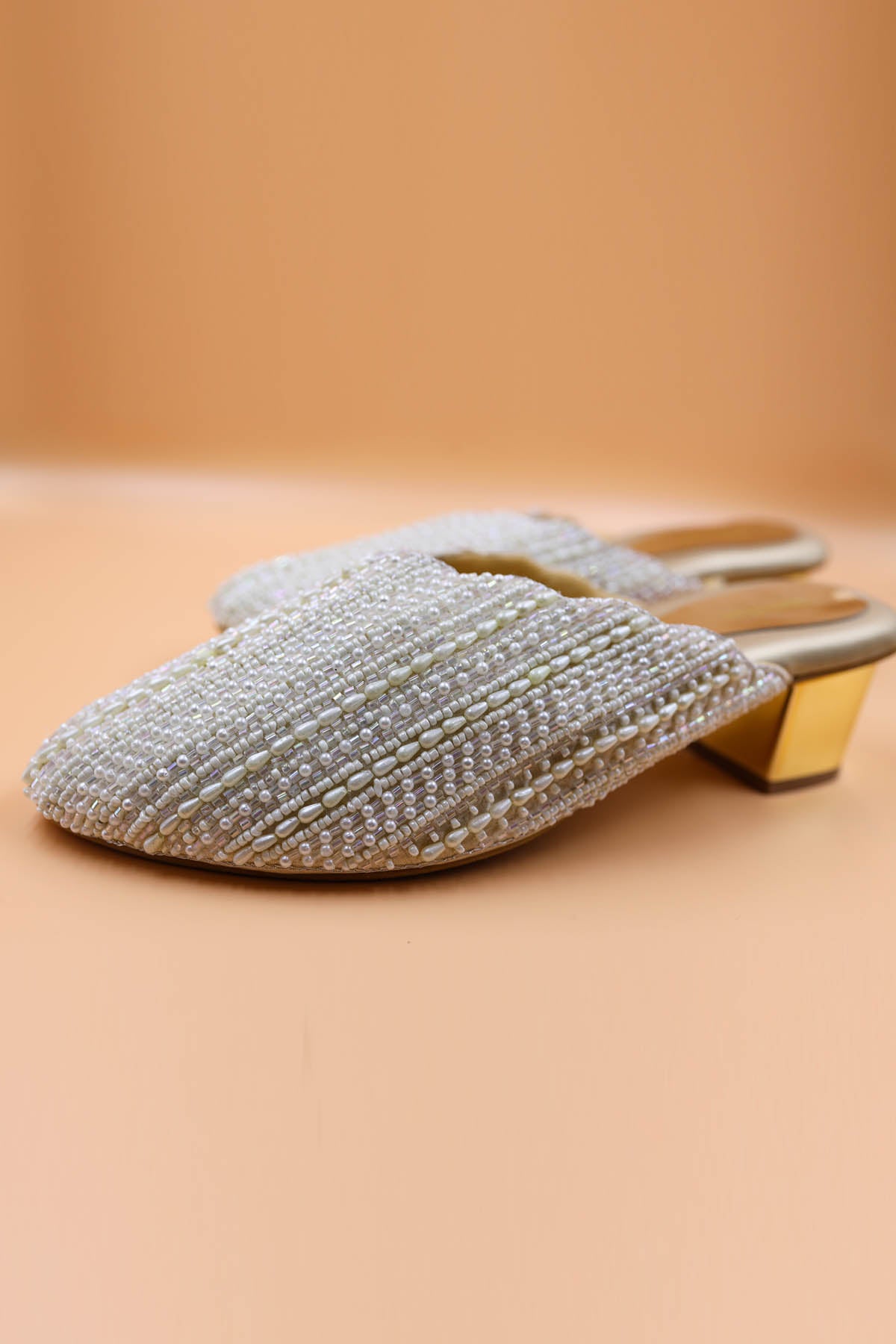 White Bead Embroidered Mules