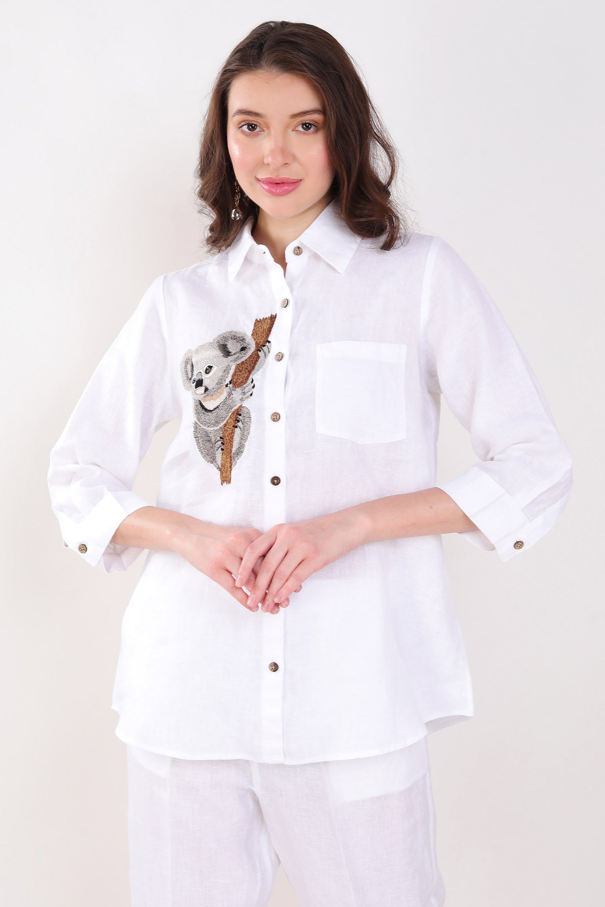 Linen Bloom White Bear Embroidered Shirt for women online at ScrollnShops