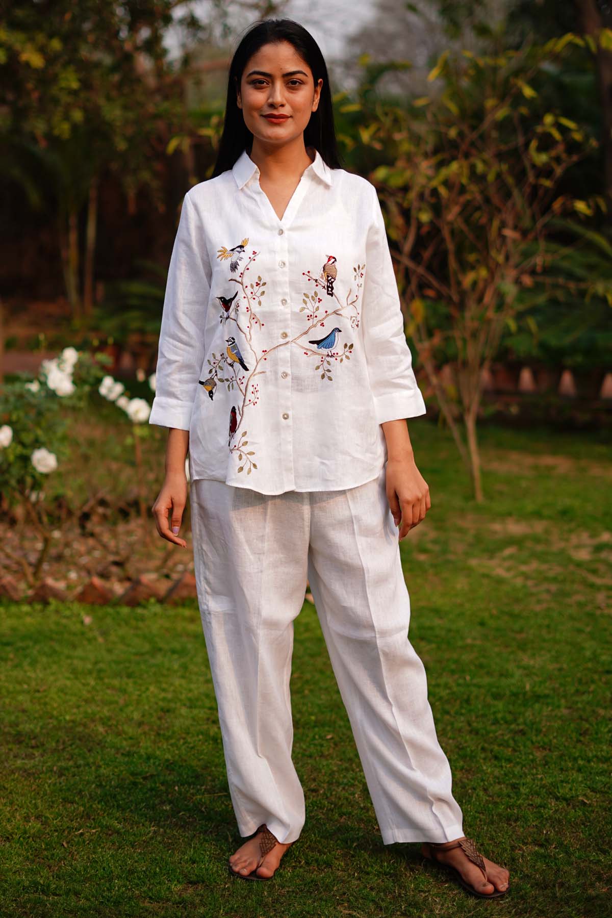 Designer Linen Bloom White Linen Top with Delicate Bird Embroidery For Women Online at ScrollnShops