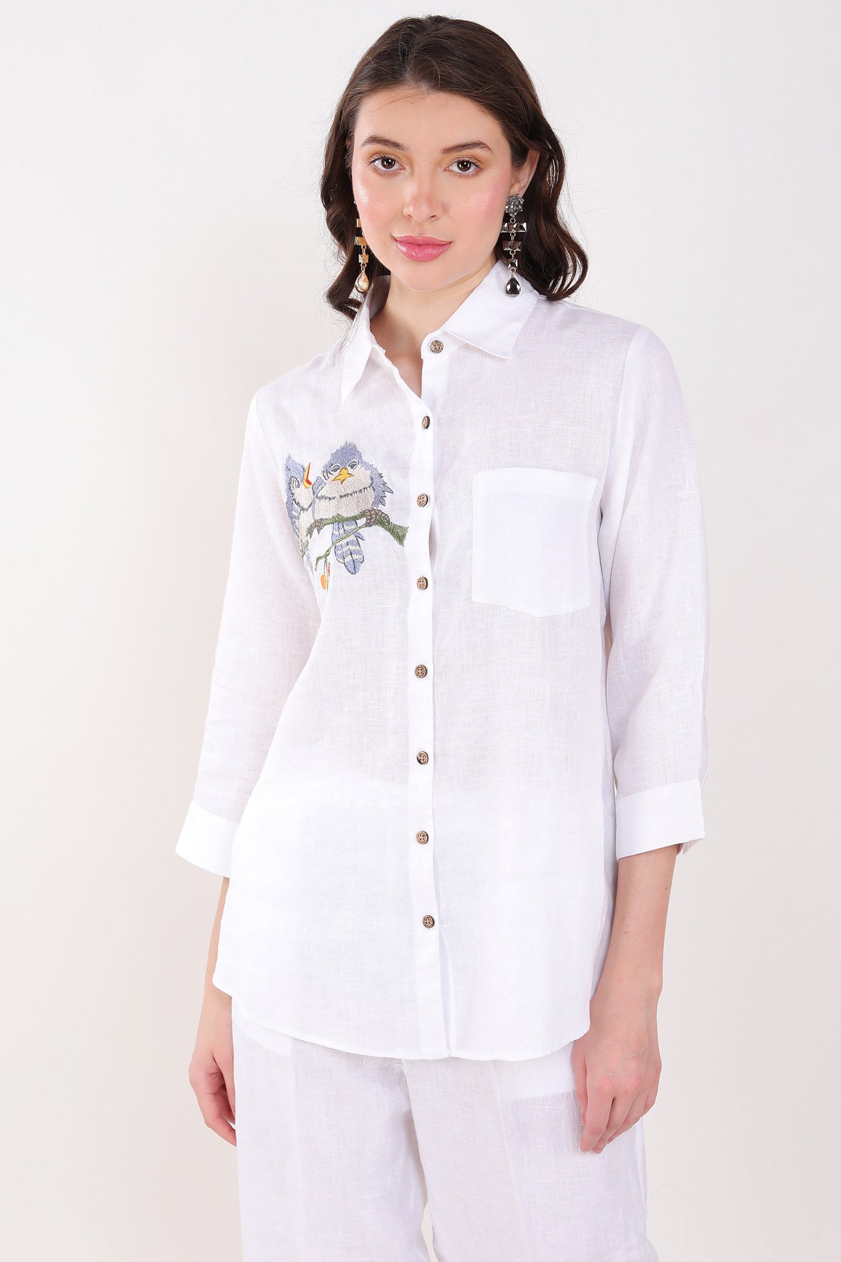 Linen Bloom White Bird Embroidered Shirt for women online at ScrollnShops