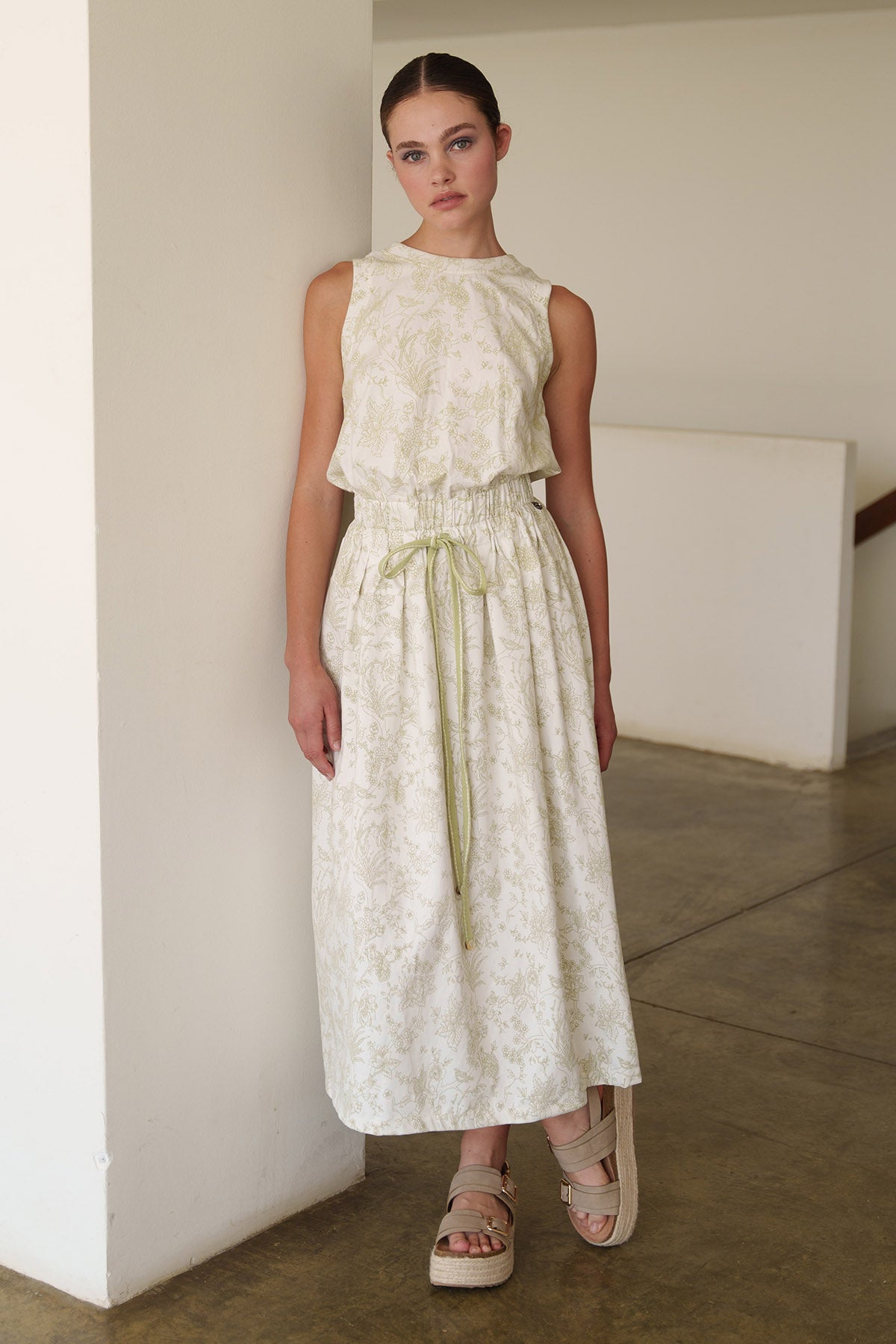 White Garden Print Midi Dress