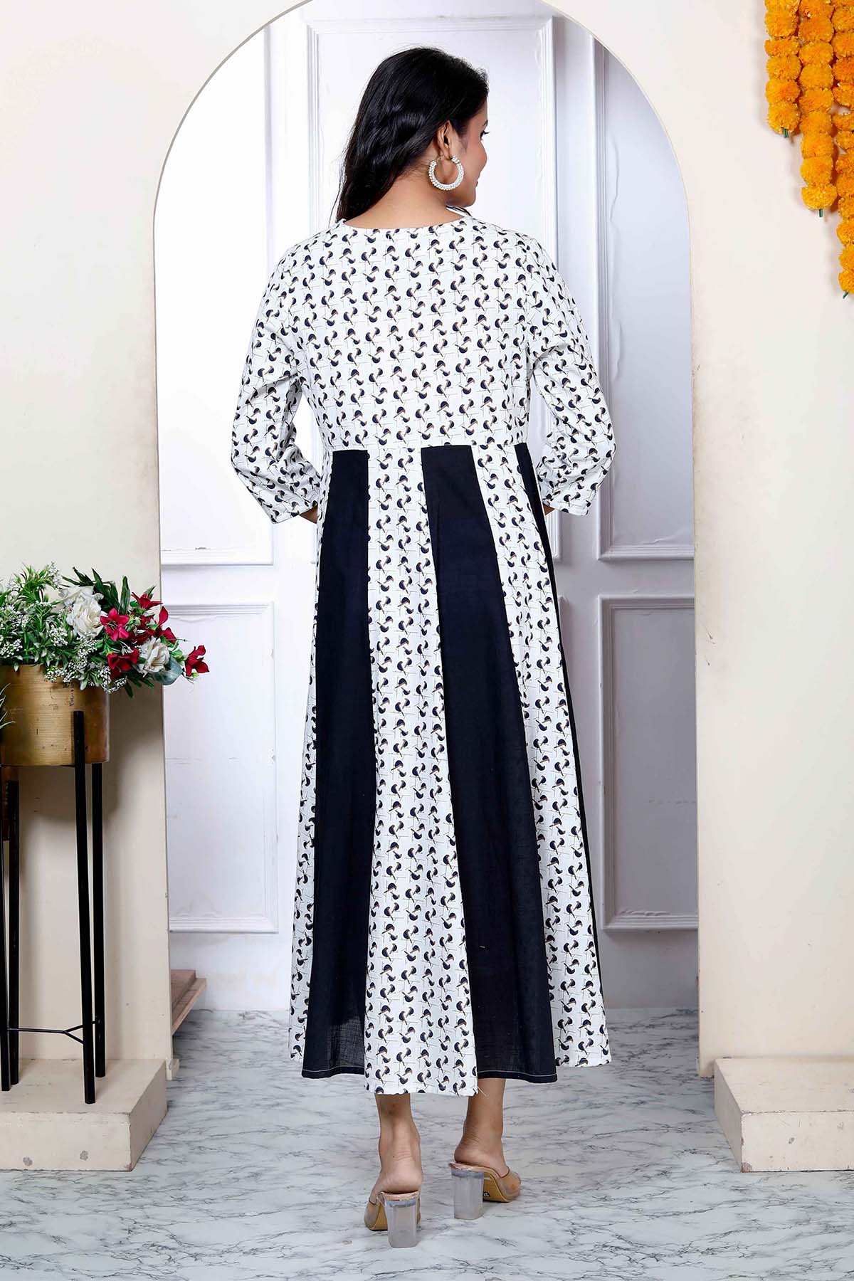 White & Black Cotton Flare Kurta