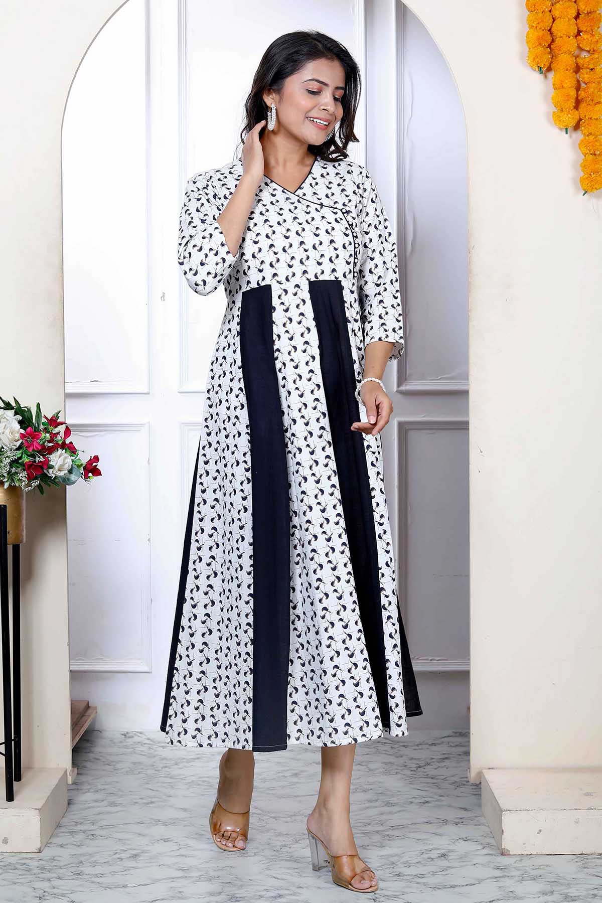 Buy White & Black Cotton Flare Kurta by Miravan for women online at ScrollnShops