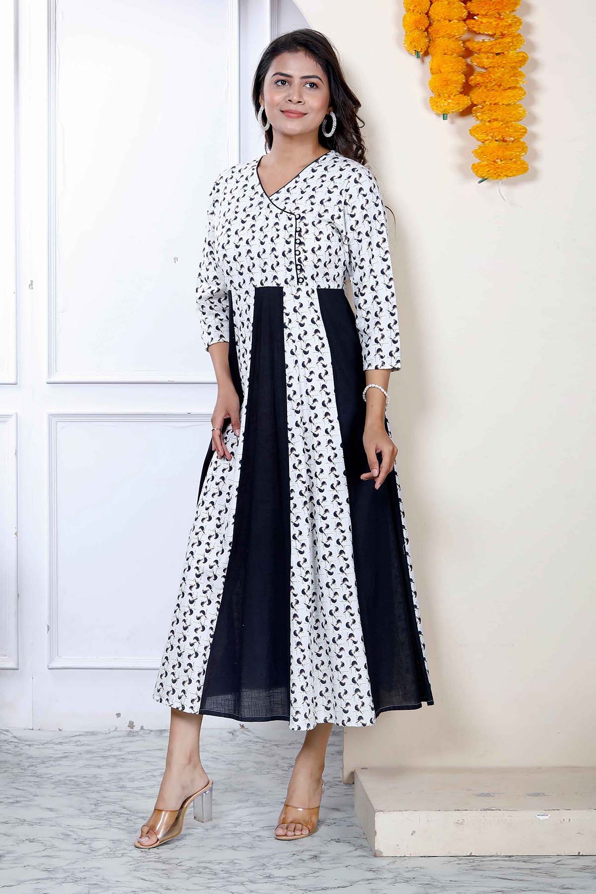 White & Black Cotton Flare Kurta