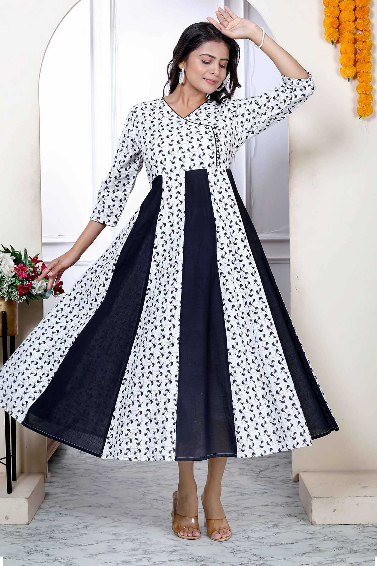 White & Black Cotton Flare Kurta