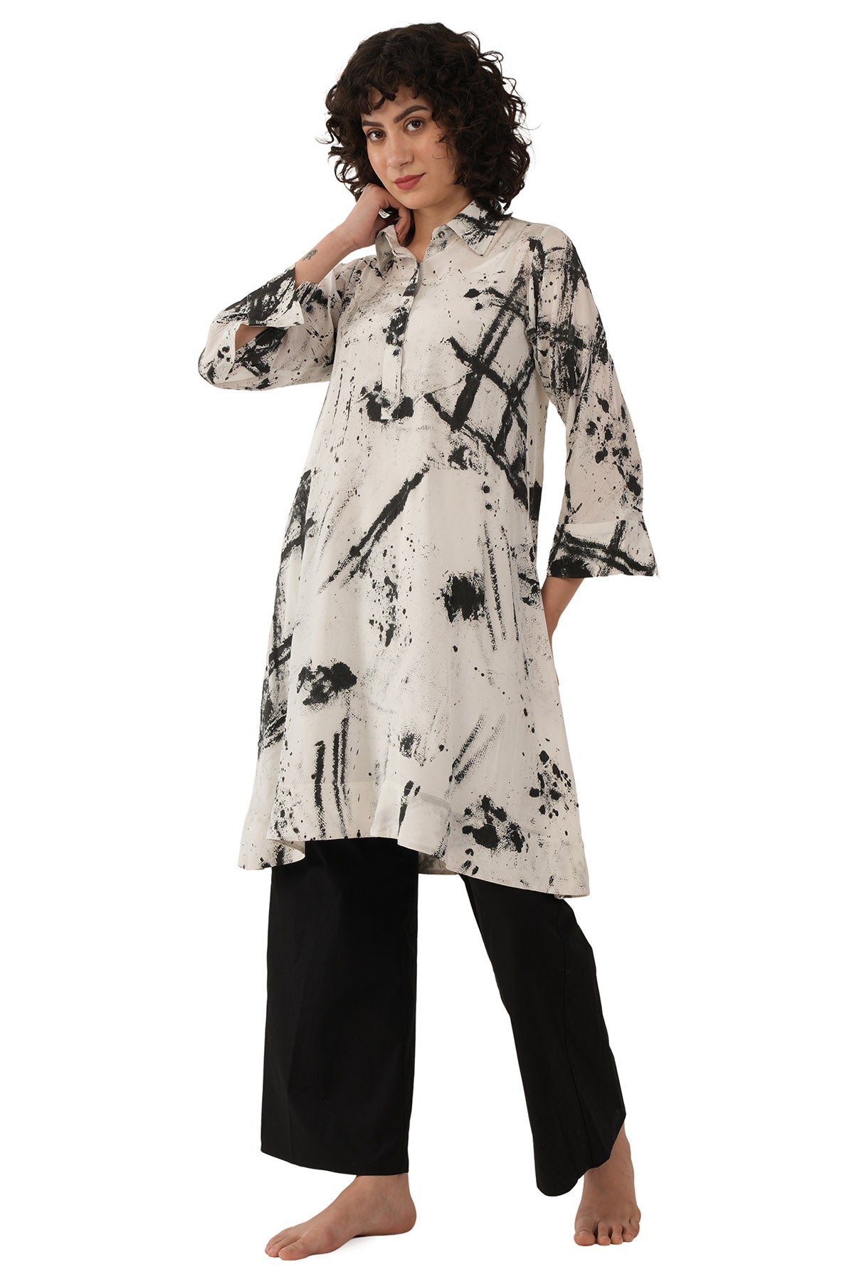 White & Black Texture Kurta Set