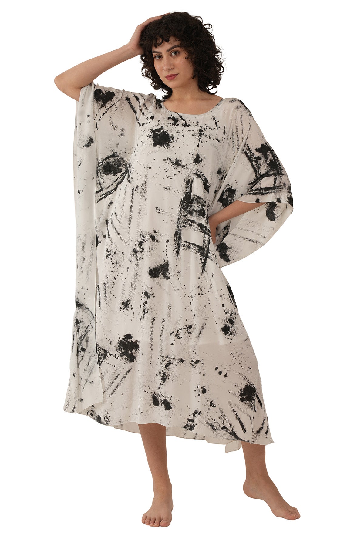 White Black Texture Silk Kaftan