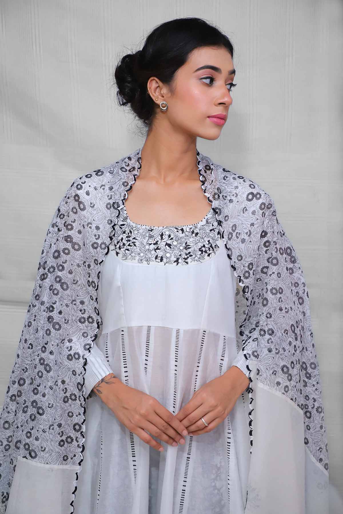 White Block Printed Anarkali Set
