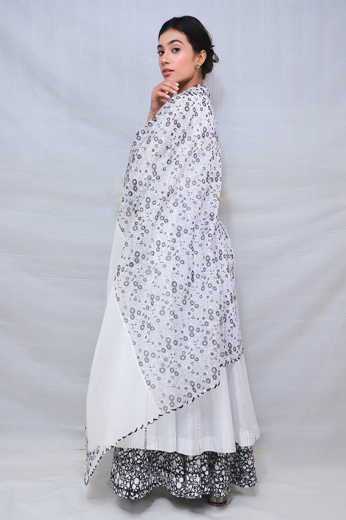 White Block Printed Anarkali Set
