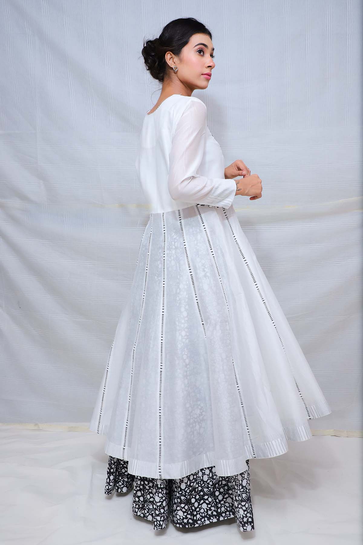 White Block Printed Anarkali Set