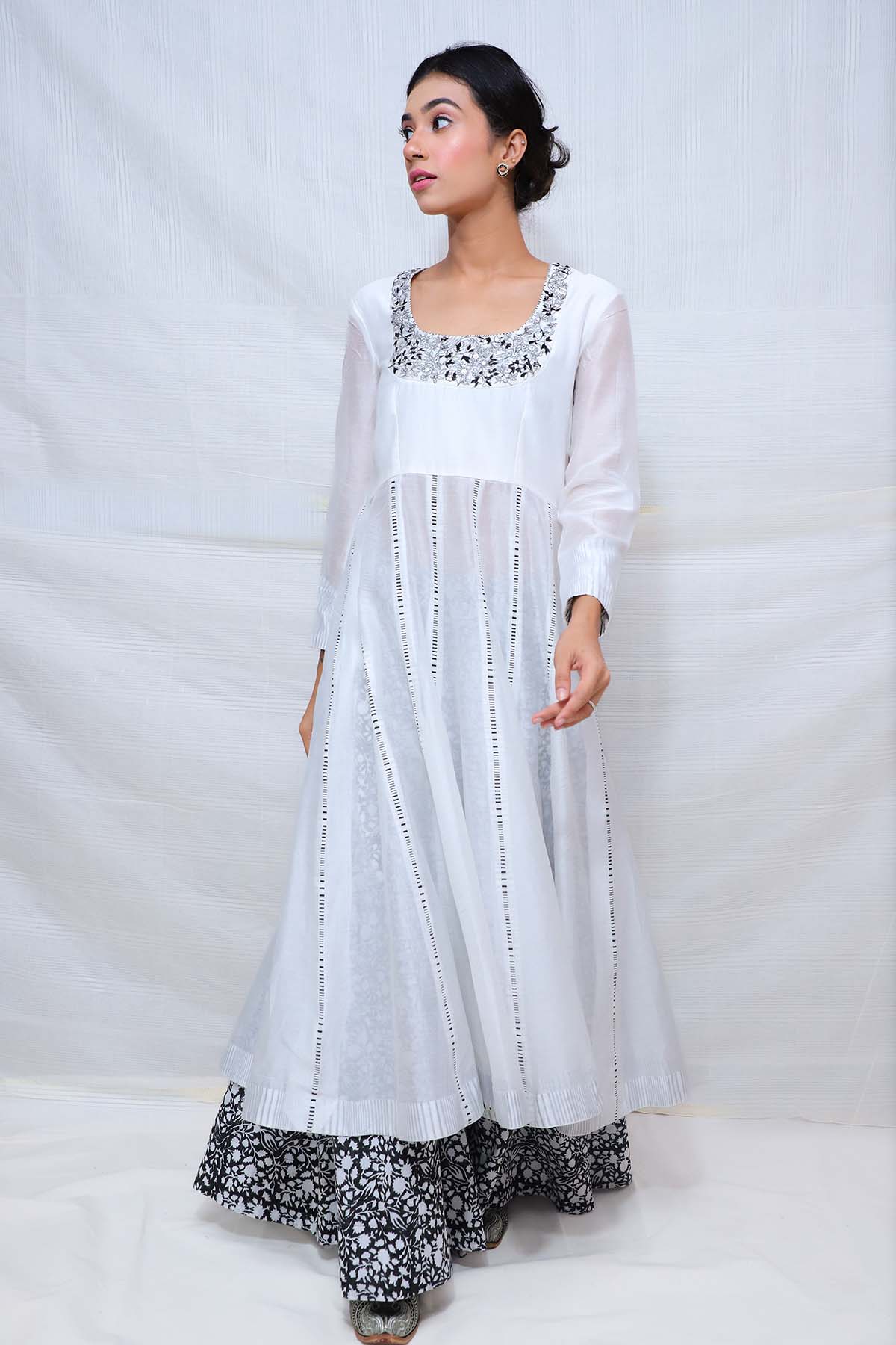 White Block Printed Anarkali Set