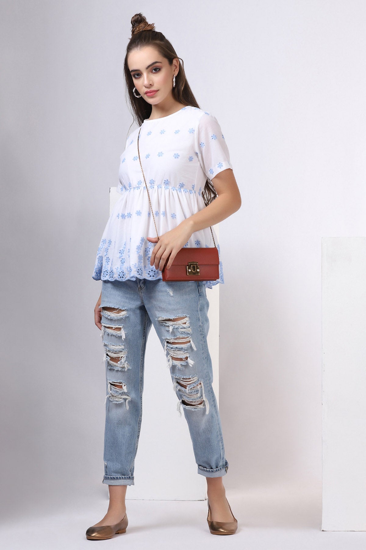 White & Blue Cotton Peplum Top