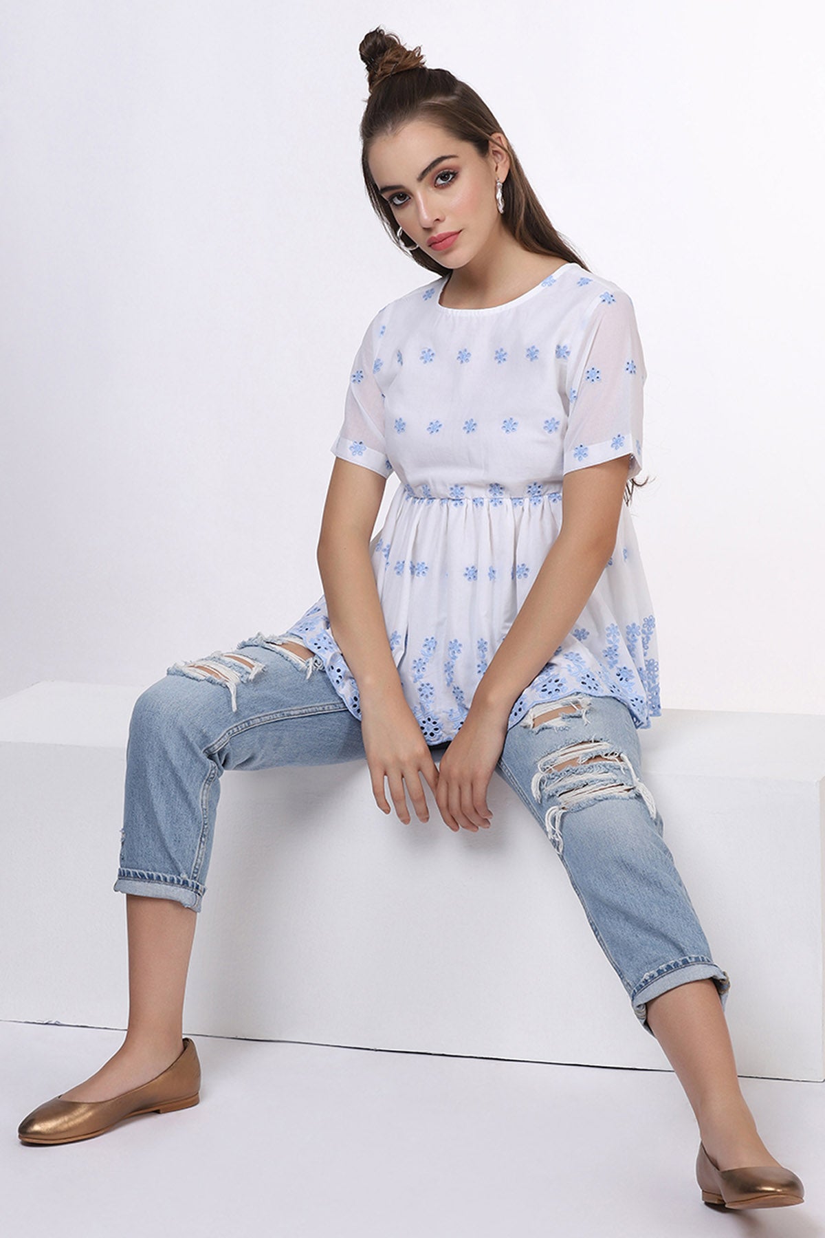 White & Blue Cotton Peplum Top