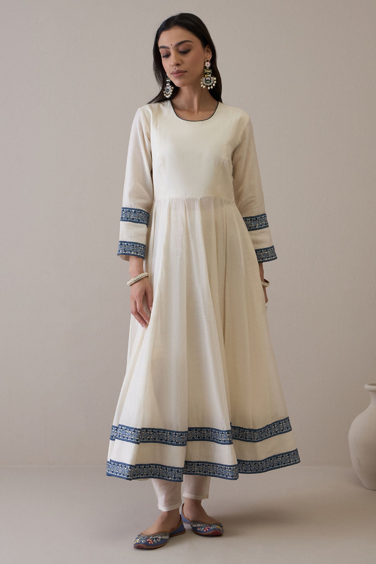 White & Blue Chanderi Anarkali Set