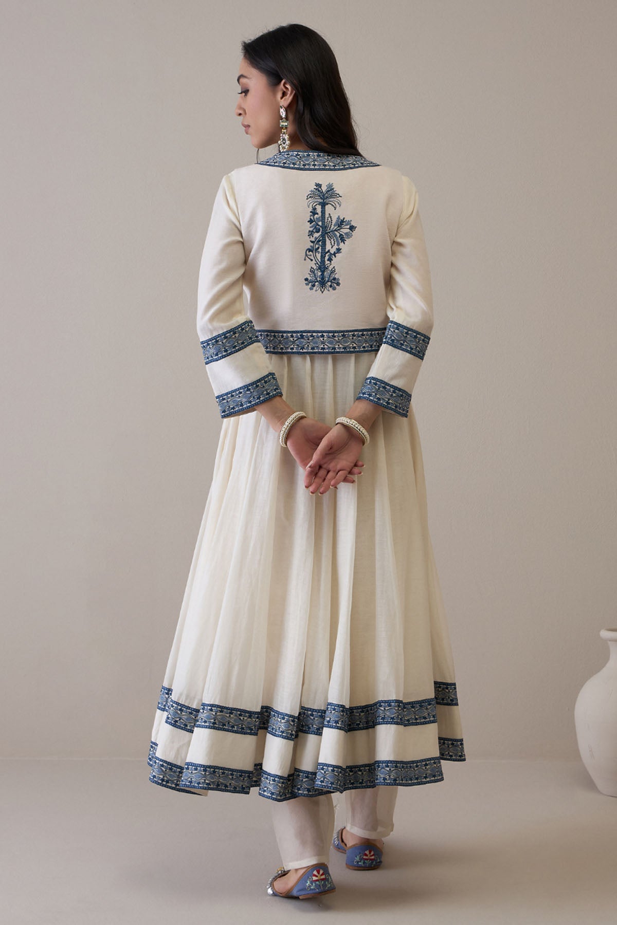 White & Blue Chanderi Anarkali Set