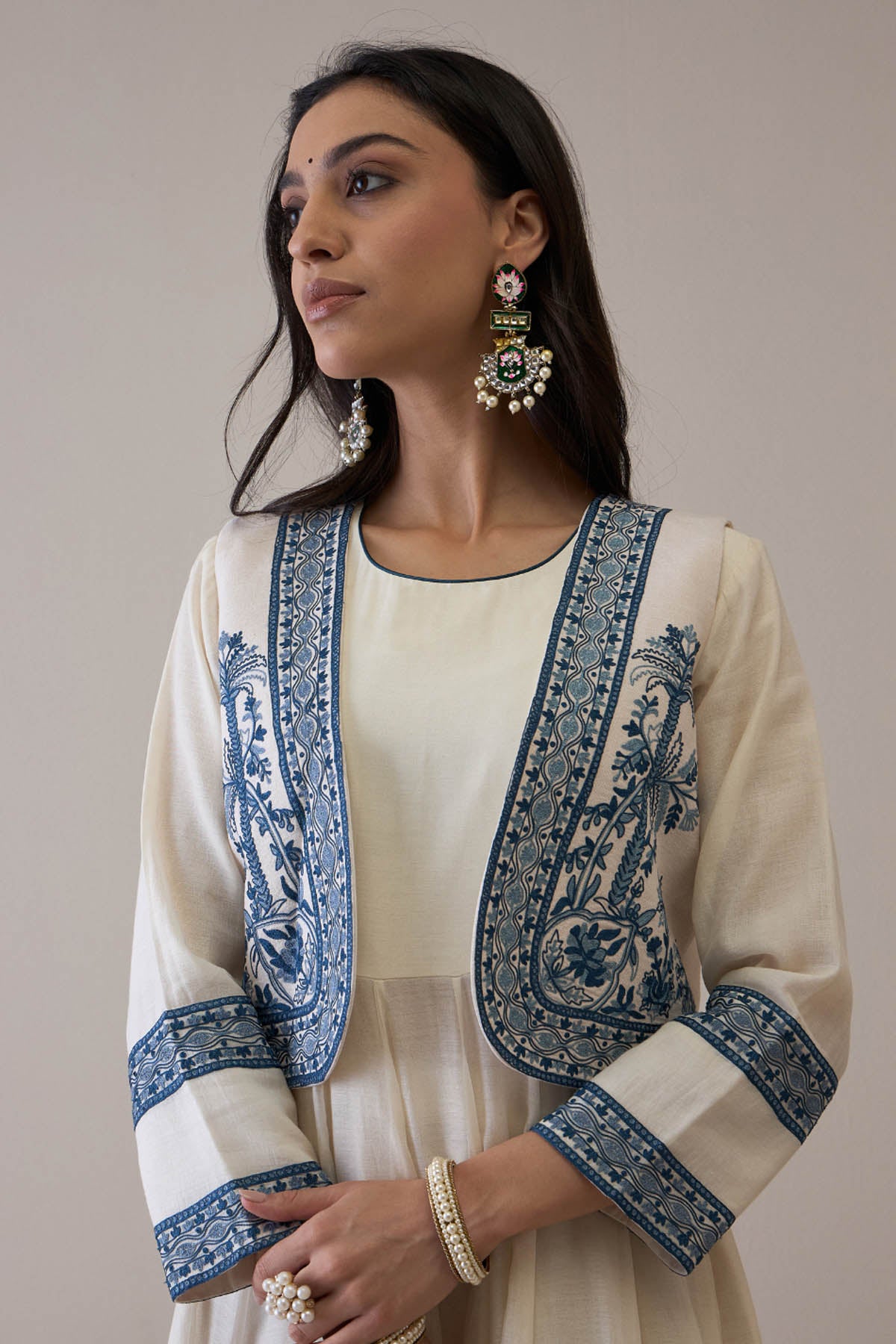 White & Blue Chanderi Anarkali Set