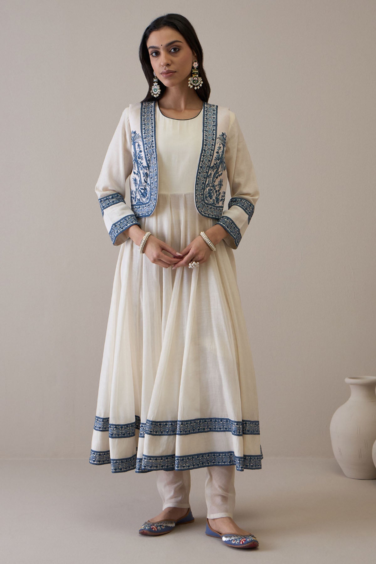Buy RoohbyRidhimaa White & Blue Chanderi Anarkali Set only at ScrollnShops