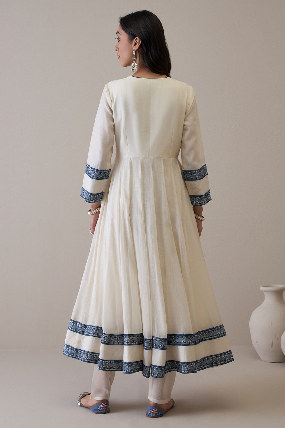 White & Blue Chanderi Anarkali Set