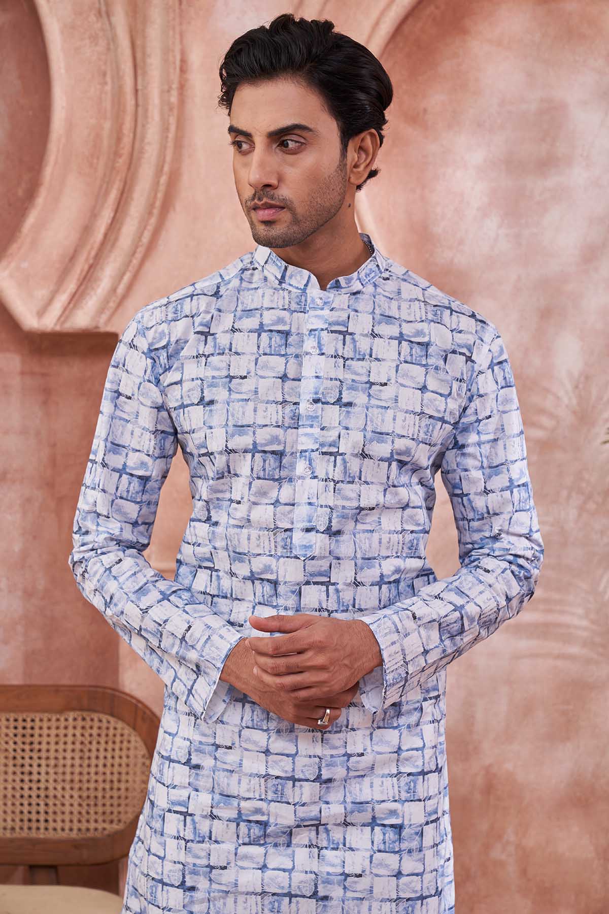 White Blue Checks Printed Kurta
