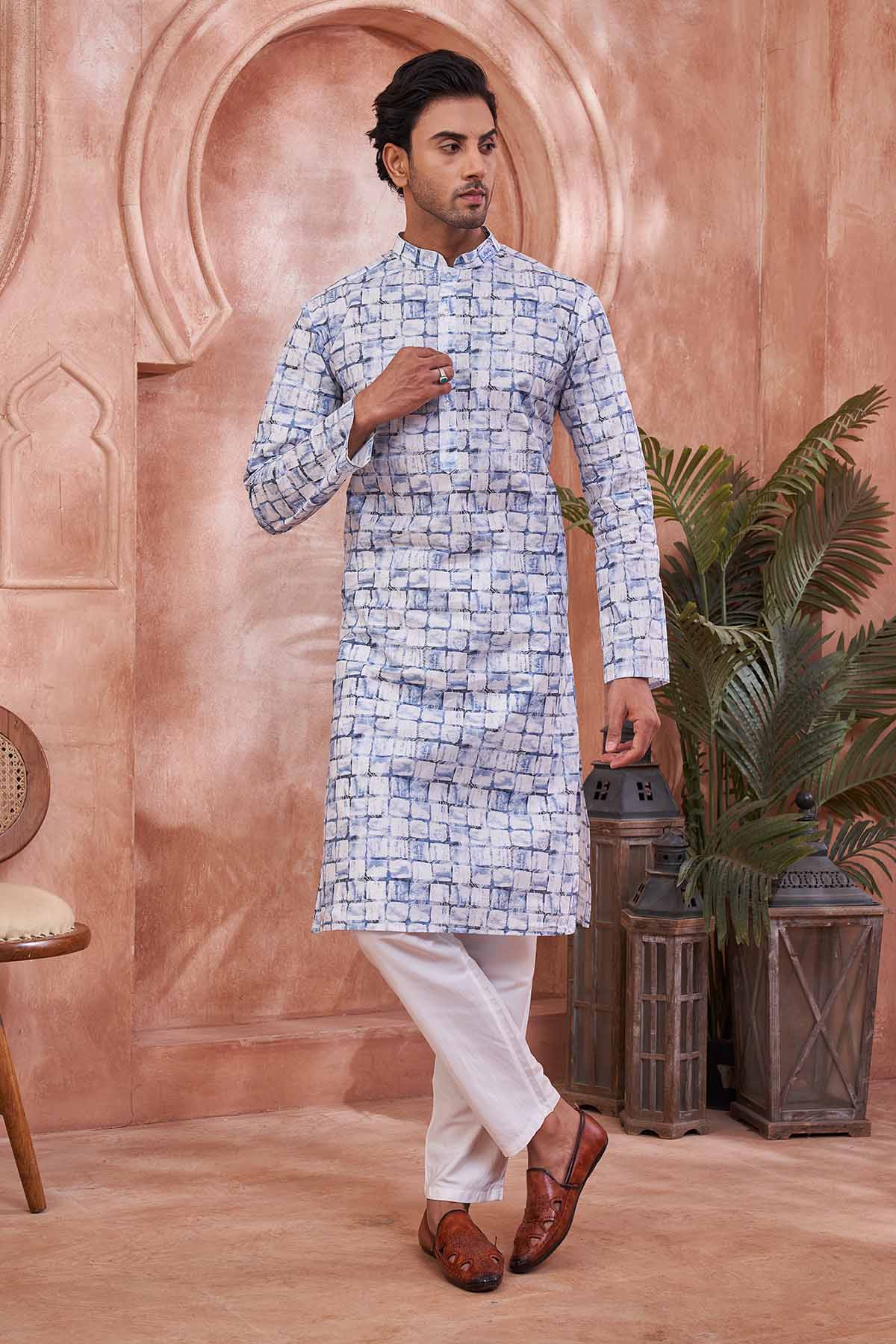 Buy White Blue Checks Printed Kurta by SNEHA B - Men for online at ScrollnShops