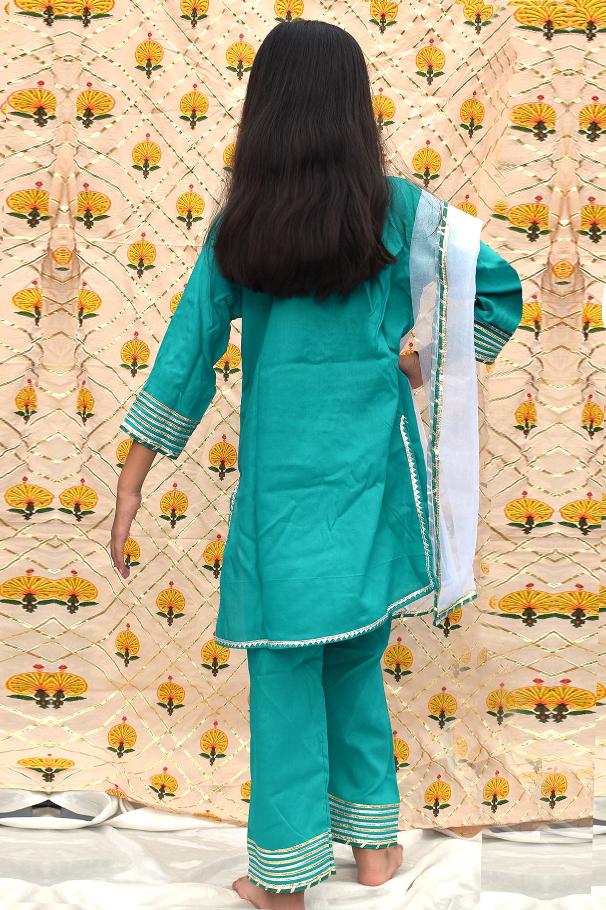 White & Blue Cotton Kurta Set