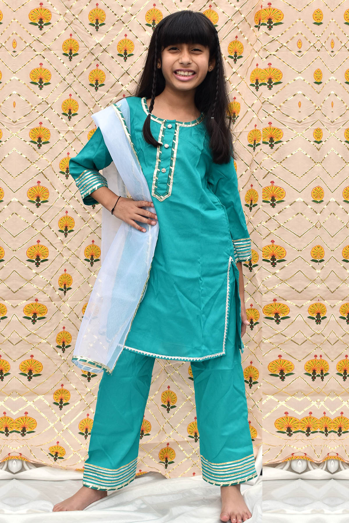 Buy White & Blue Cotton Kurta Set for Kids by ViYa online available at scrollnshops