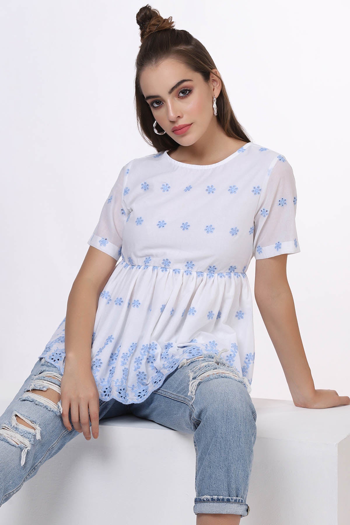 Buy White & Blue Cotton Peplum Top Online