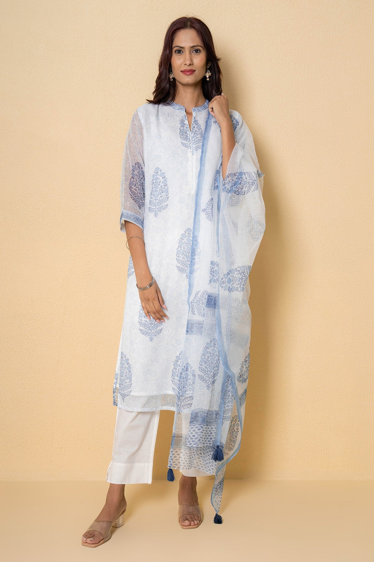 Buy White & Blue Floral Kurta Set for Women Online at ScrollnShops
