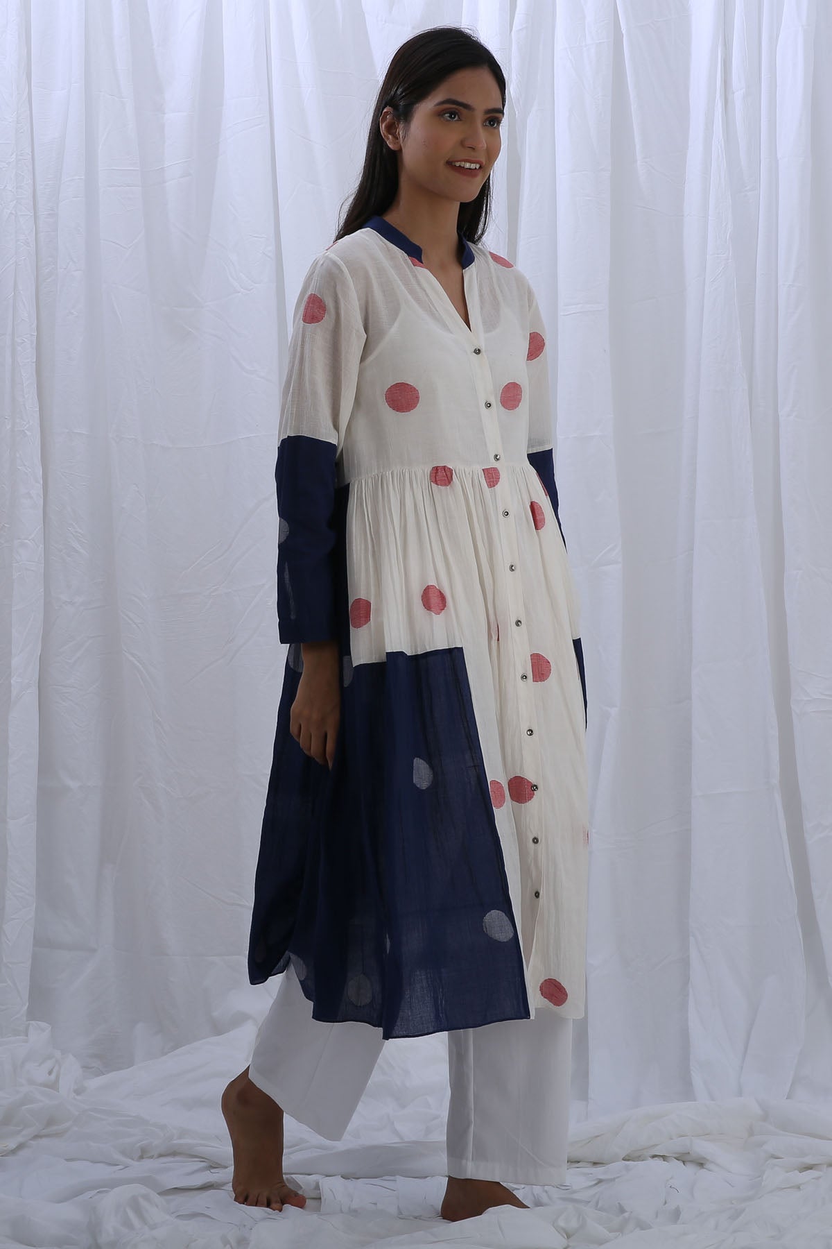 Buy Designer White & Blue Polka Dot Kurta Set Online