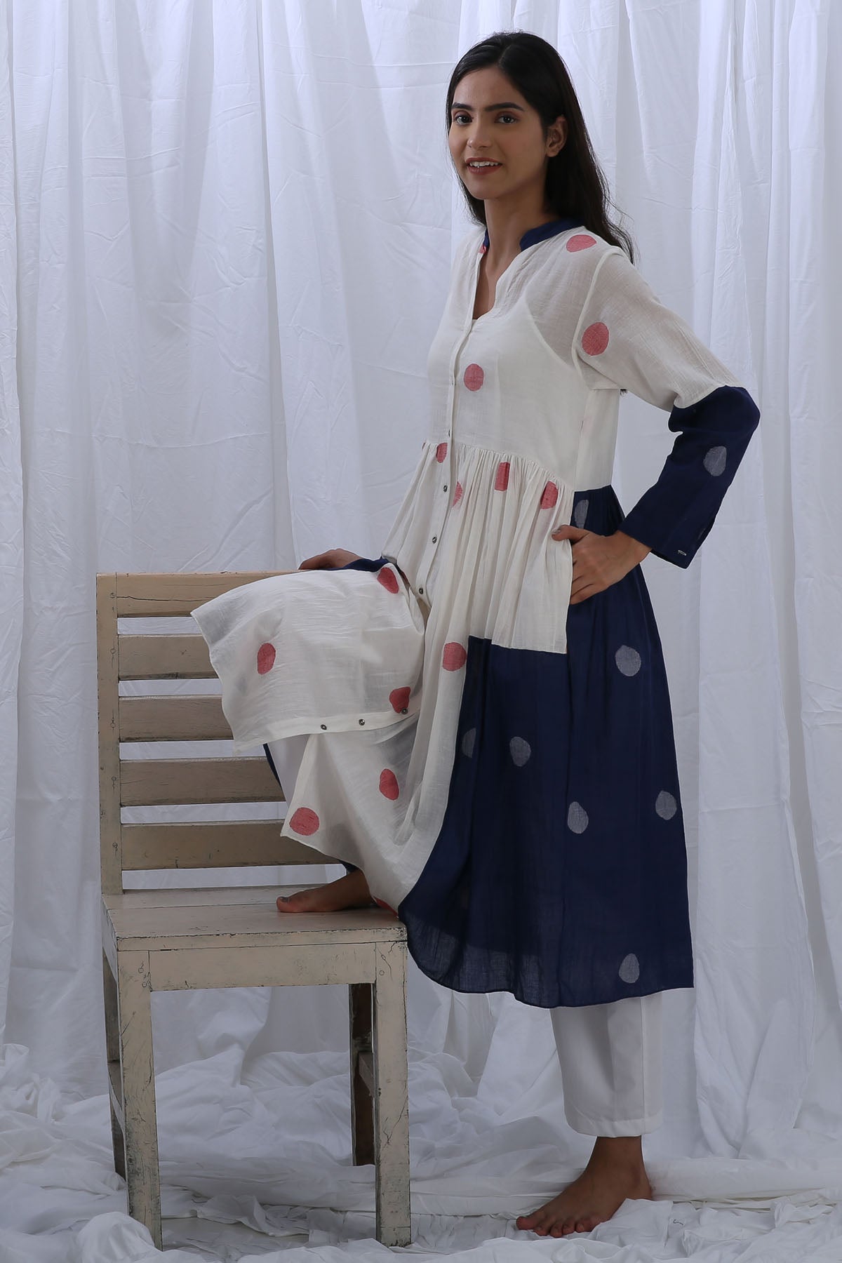 White & Blue Polka Dot Kurta Set