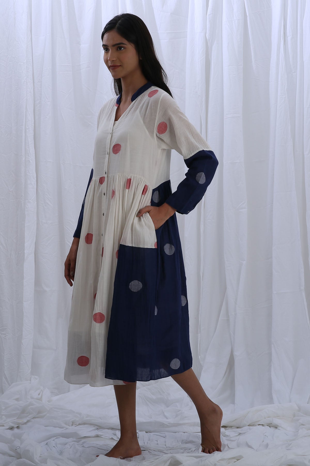 White & Blue Polka Shirt Dress