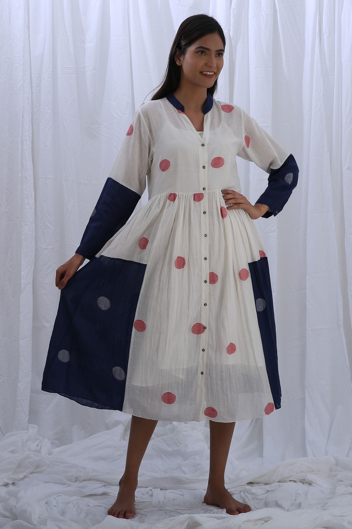 Khat Clothing White & Blue Polka Shirt Dress for women online at ScrollnShops