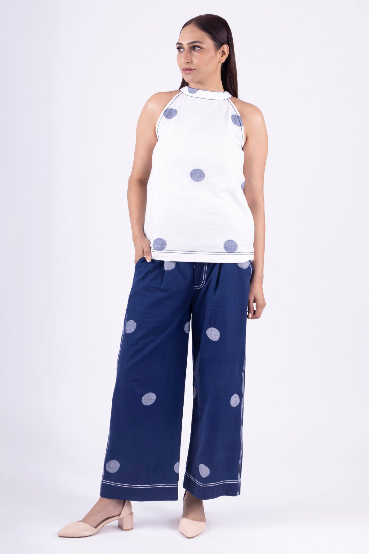 White & Blue Polka Top & Pants