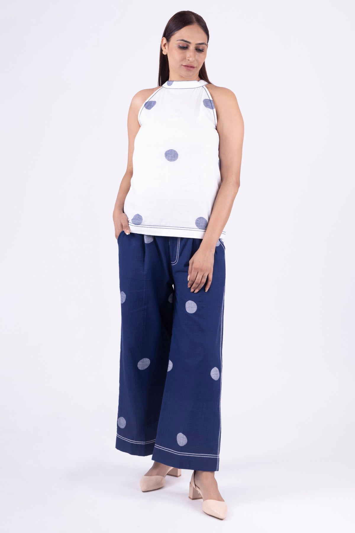 Khat Clothing White & Blue Polka Top & Pants for women online at ScrollnShops