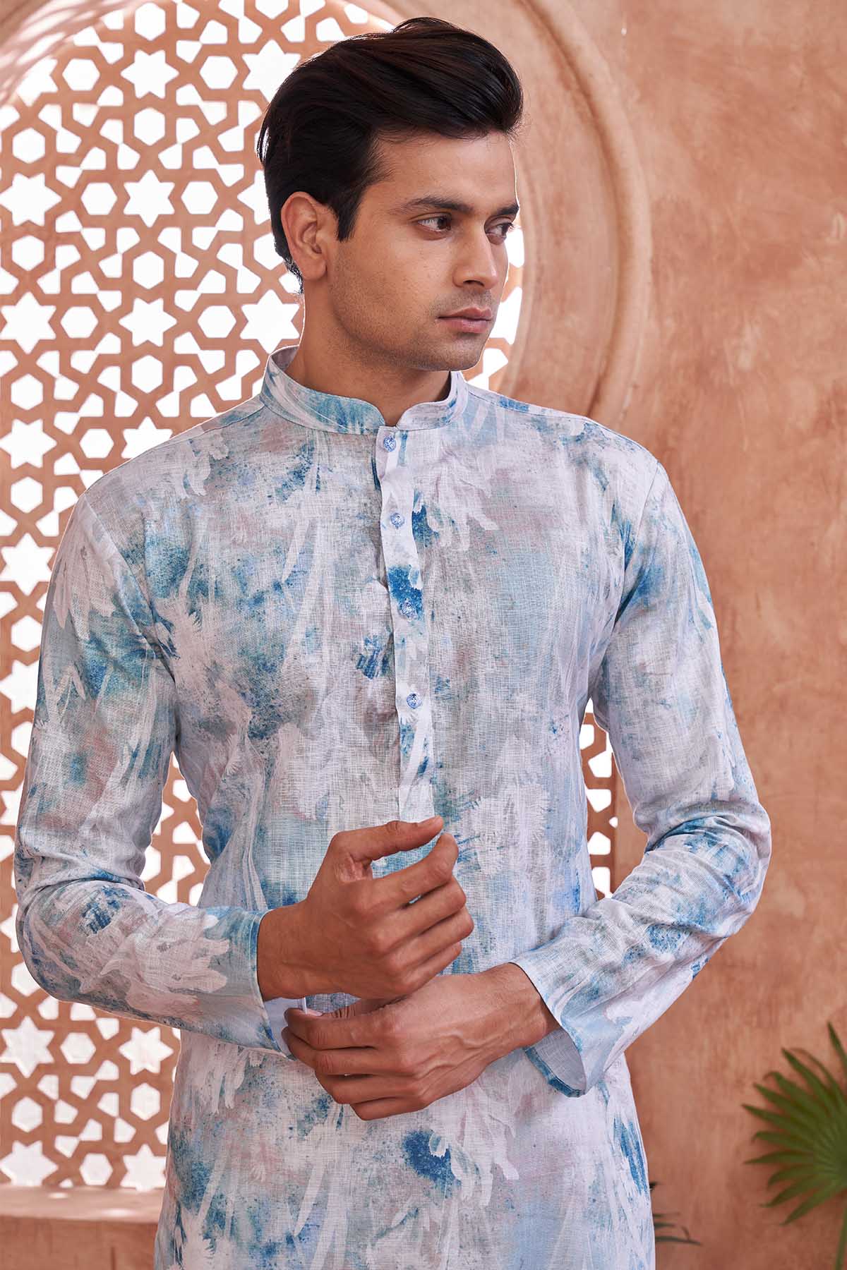 White Blue Printed Cotton Kurta