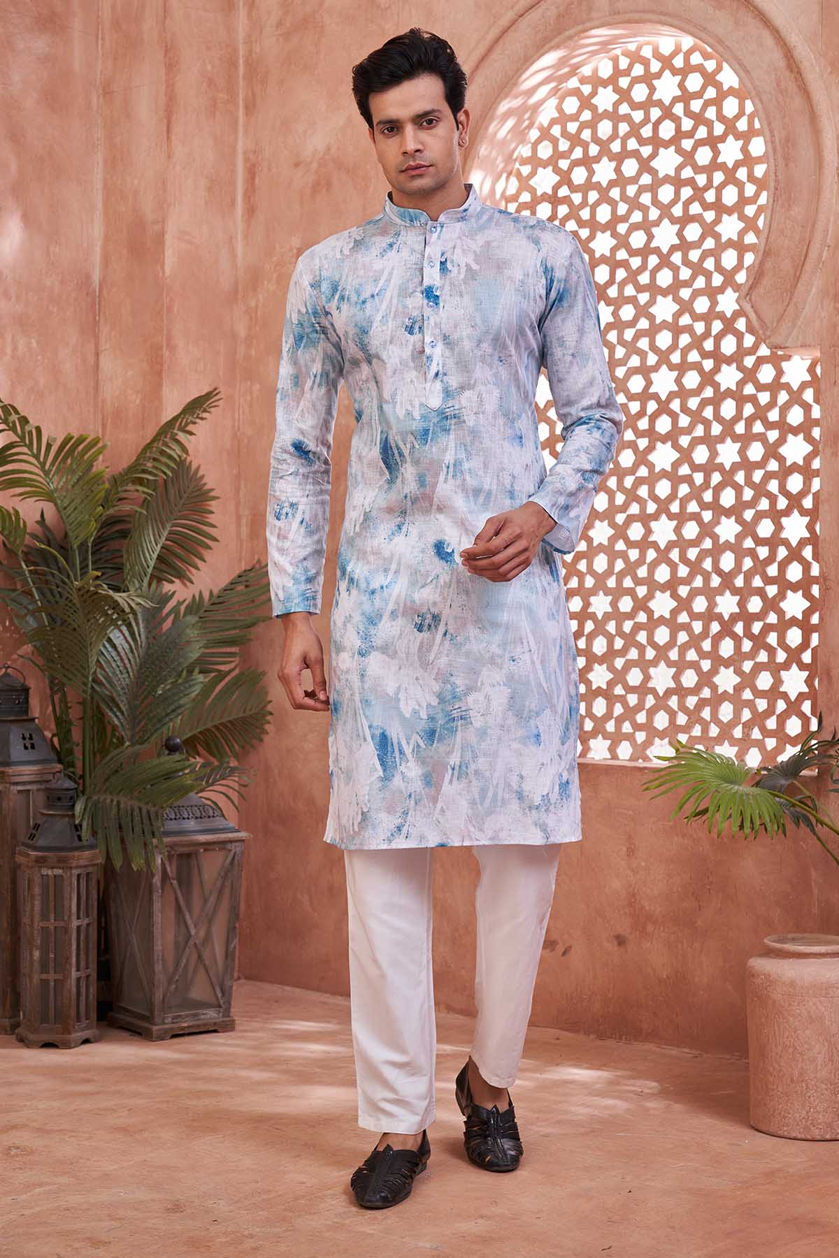 Buy White Blue Printed Cotton Kurta by SNEHA B - Men for online at ScrollnShops