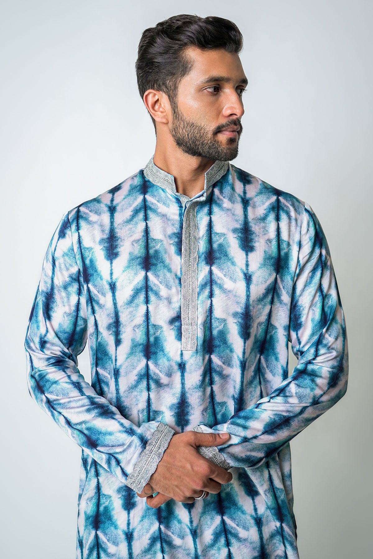 White & Blue Printed Kurta Set