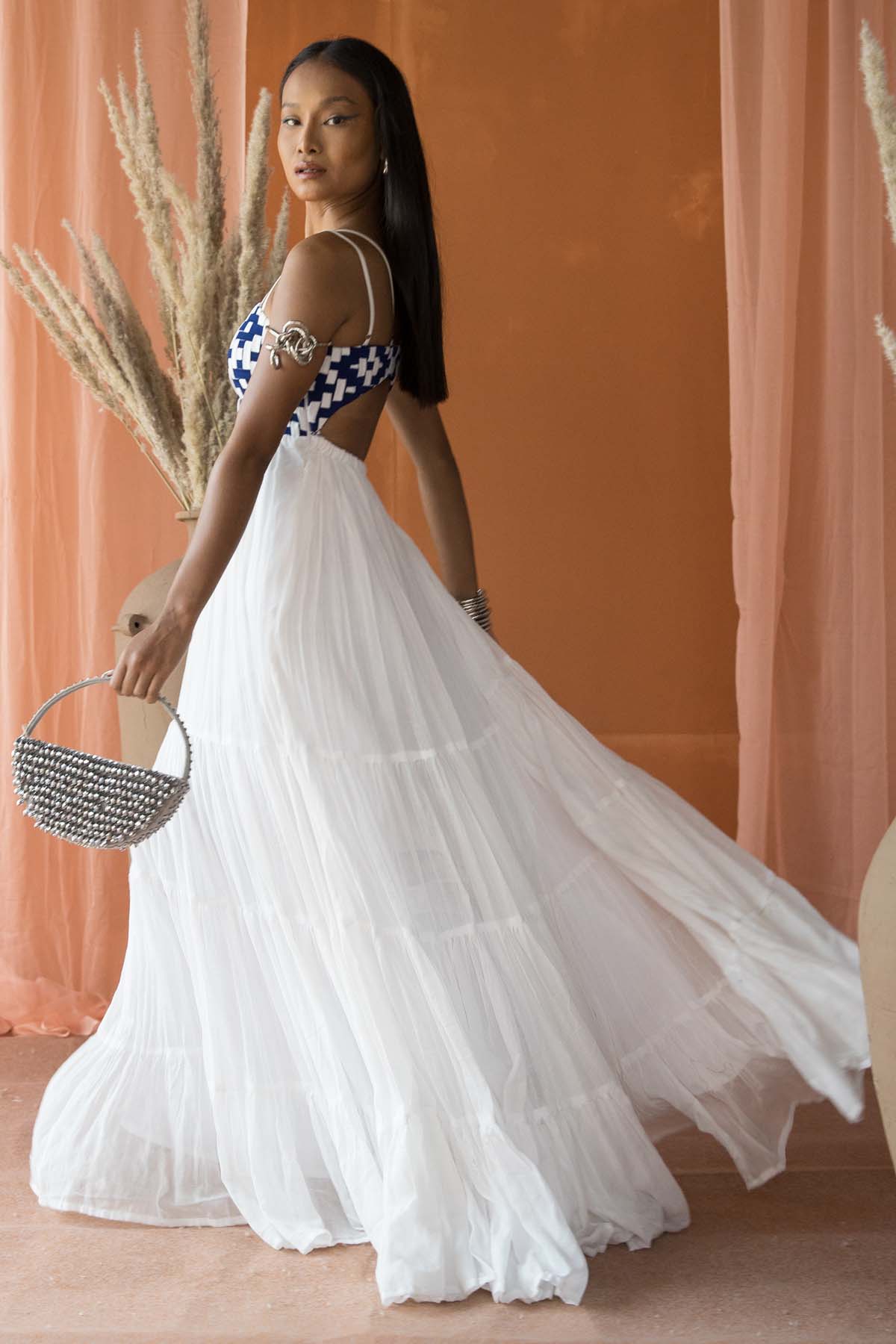 White & Blue Tiered Maxi Dress