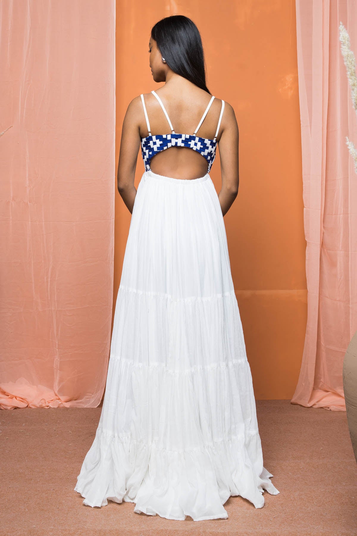 White & Blue Tiered Maxi Dress