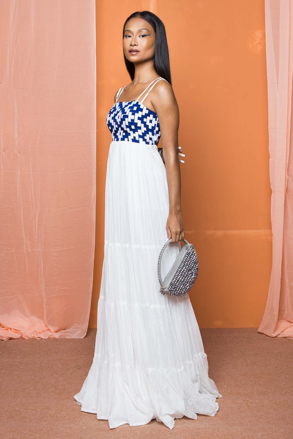 White & Blue Tiered Maxi Dress