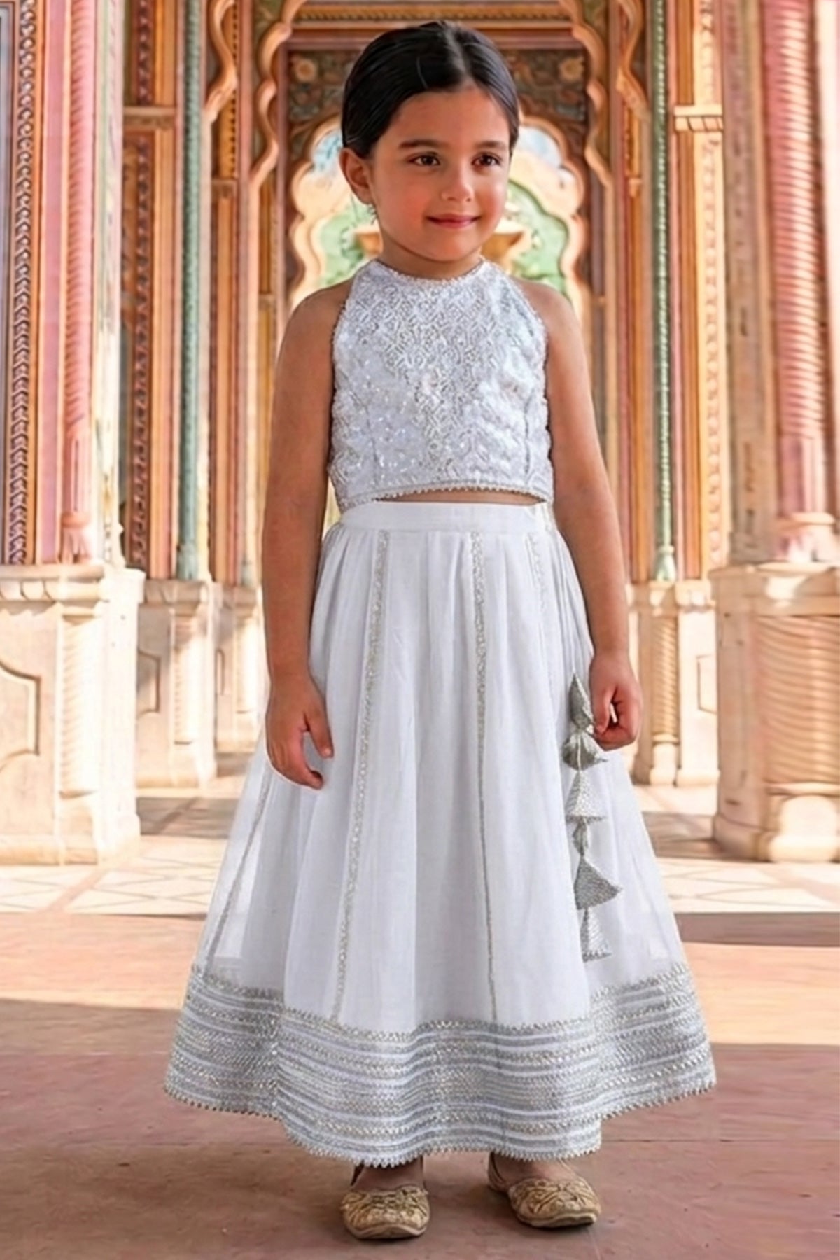 Buy White Brocade Silk Lehenga Set for Kid by ViYa online available at scrollnshops